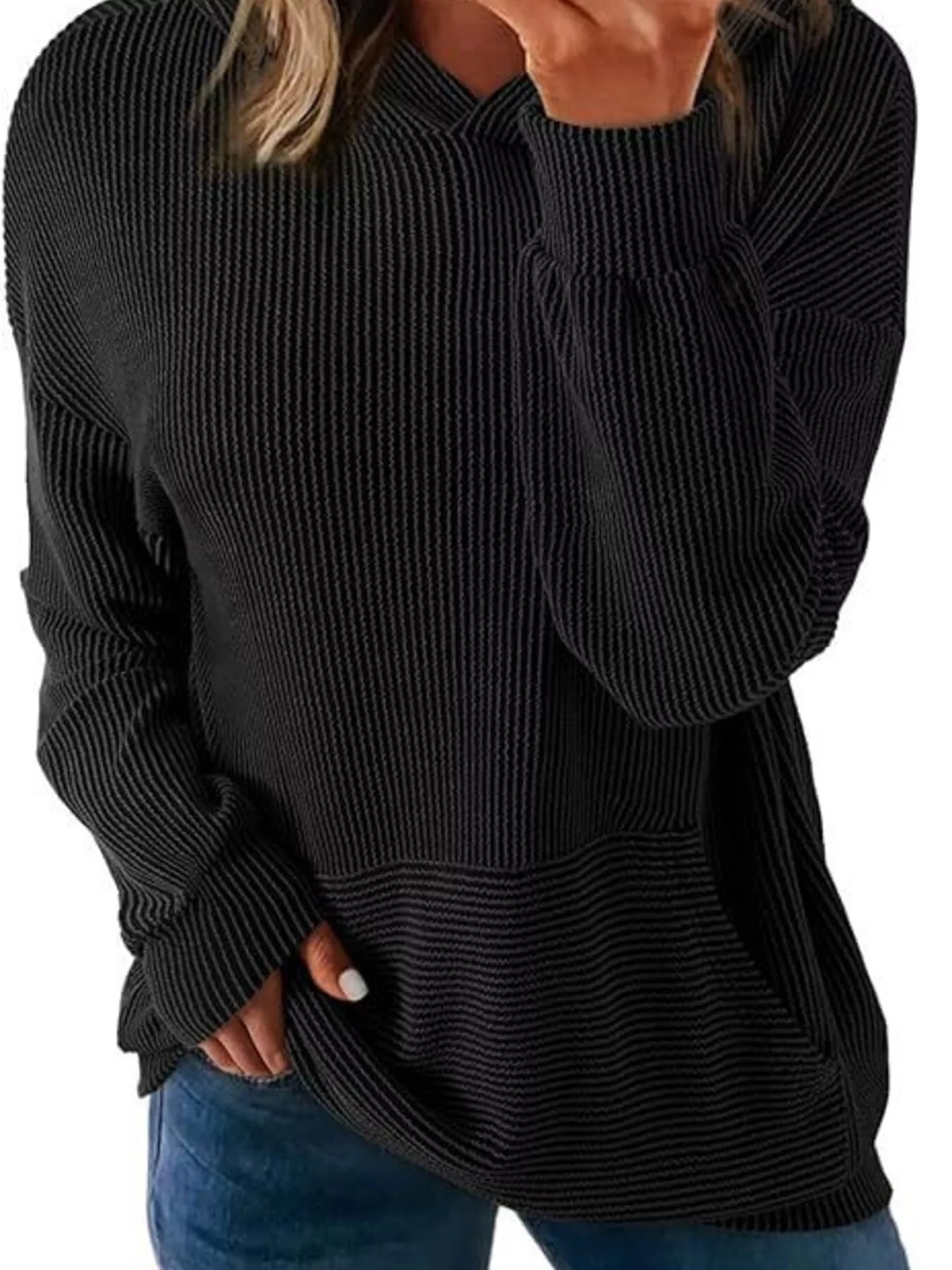 Ribbed Oversized Hoodie Sweatshirt with Pocket 