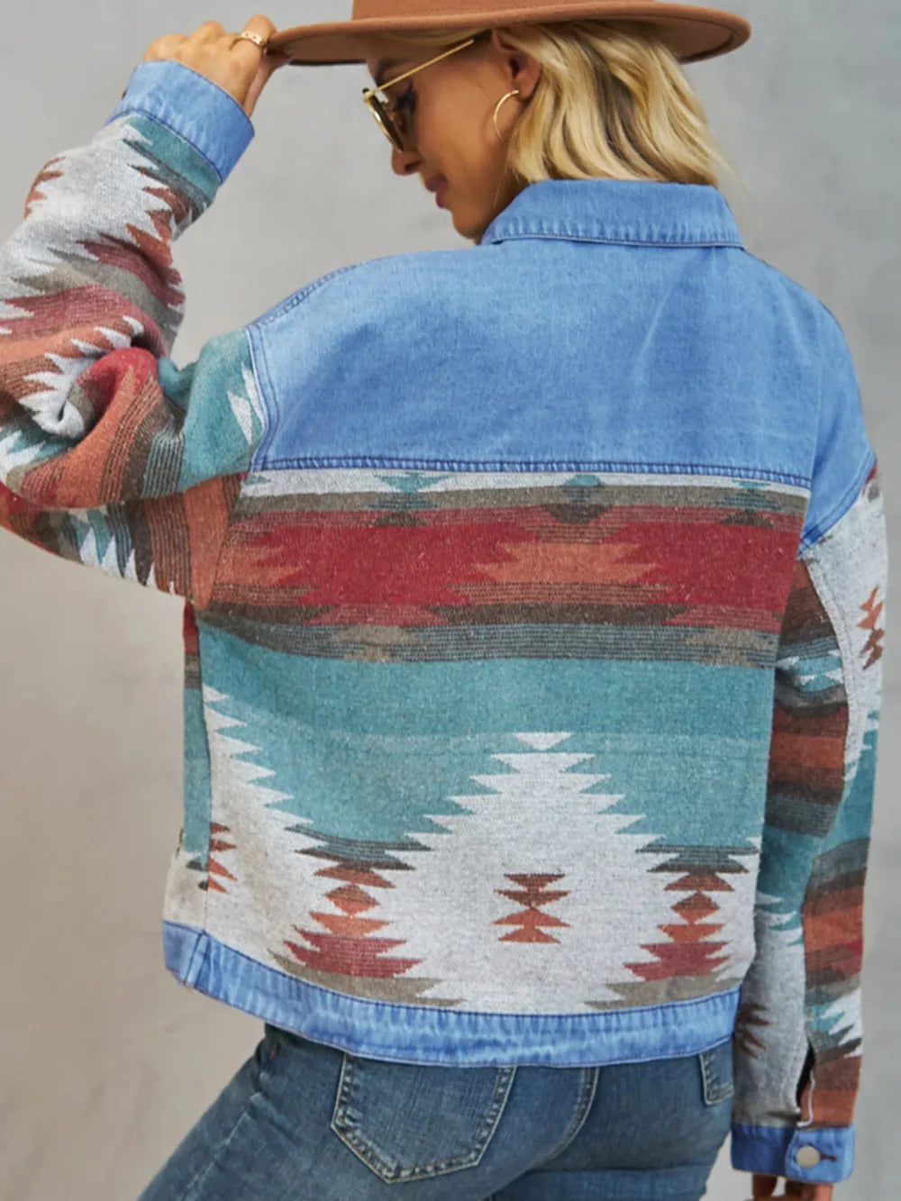 Geometric Button Up Dropped Shoulder Denim Jacket 