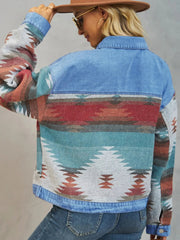 Geometric Button Up Dropped Shoulder Denim Jacket 