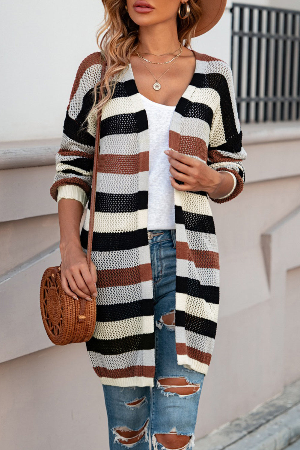 Full Size Striped Long Sleeve Openwork Cardigan 