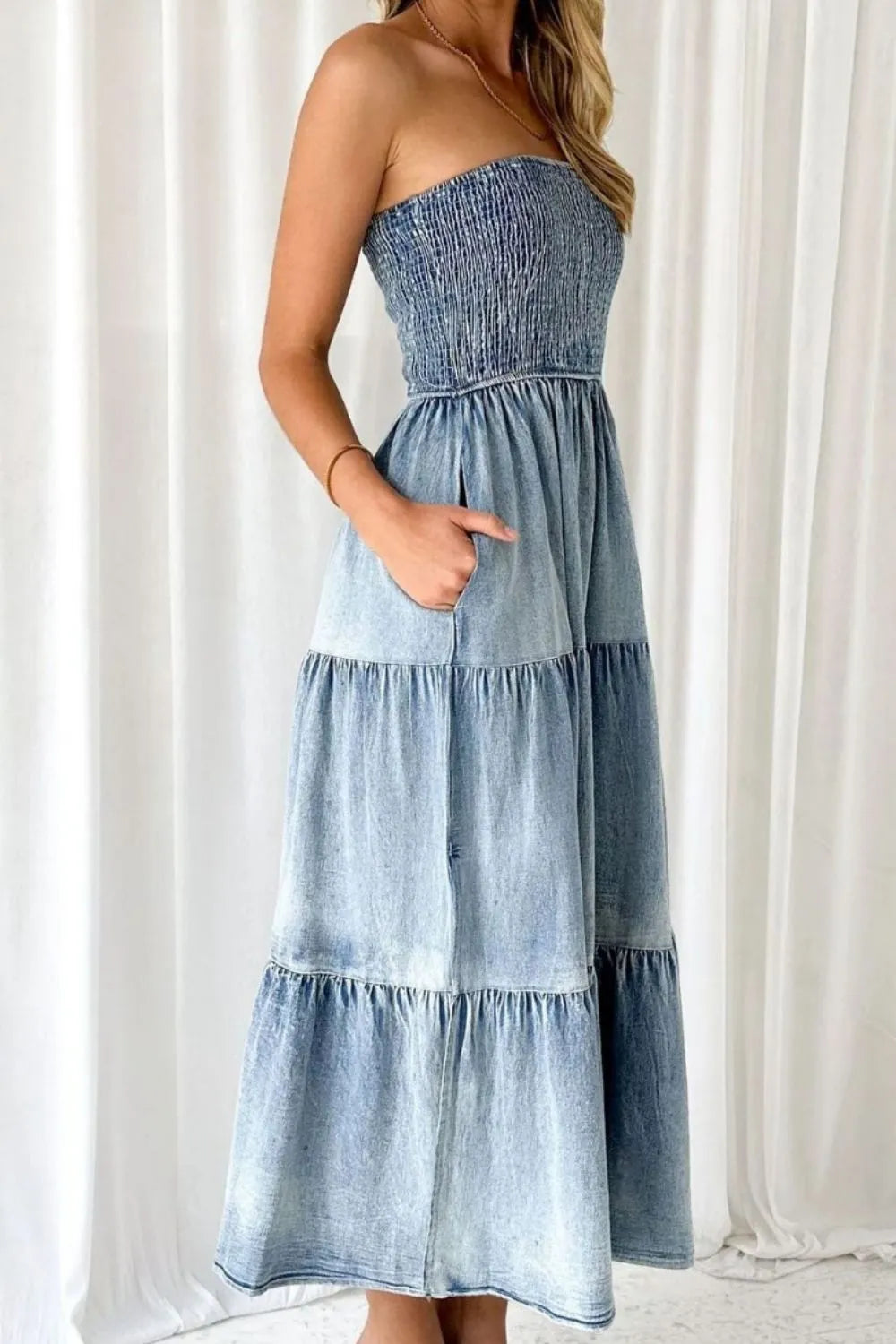 Smocked Tube Slit Tiered Denim Dress 