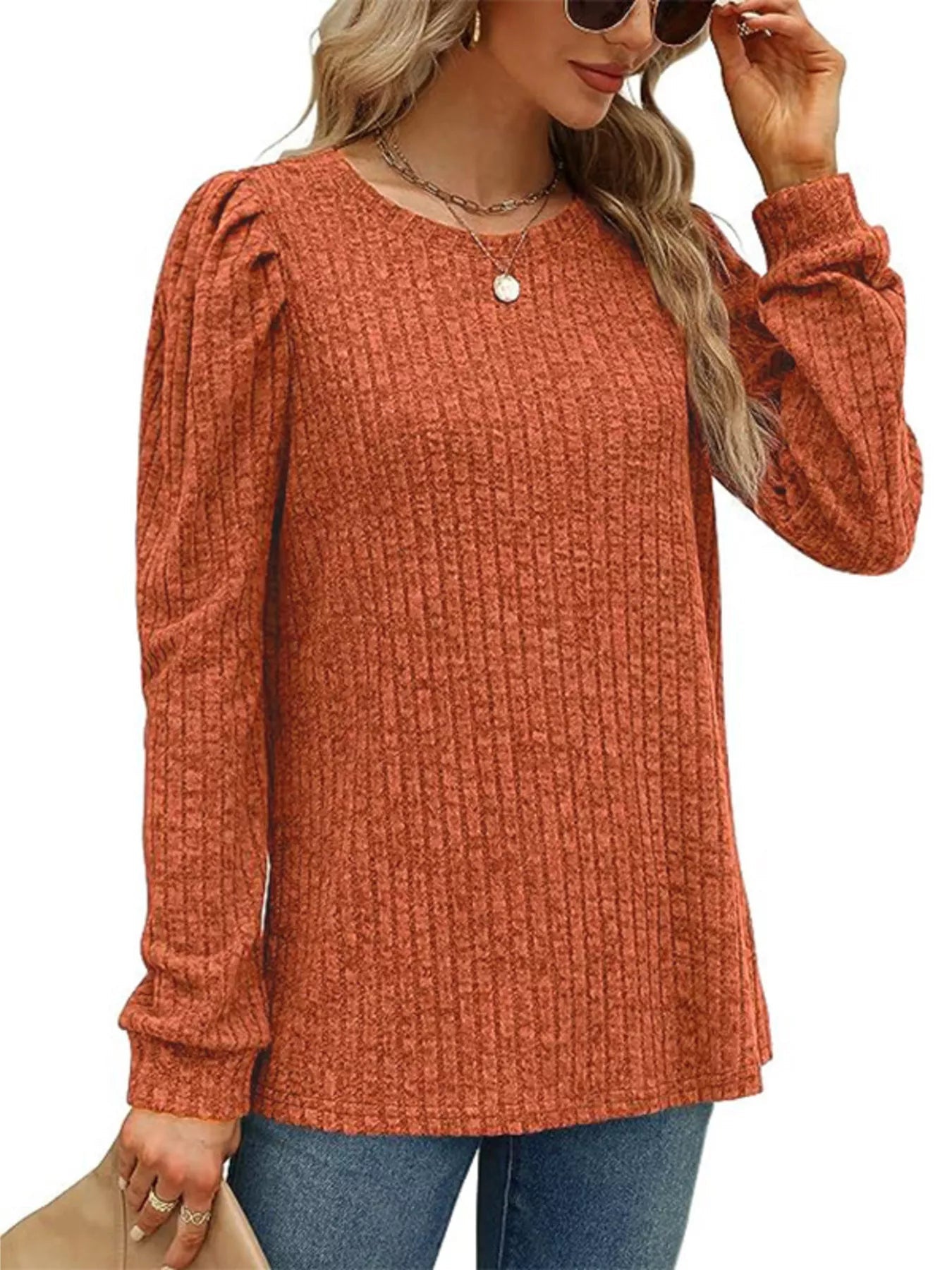 Ribbed Knit Top with Puff Sleeves 