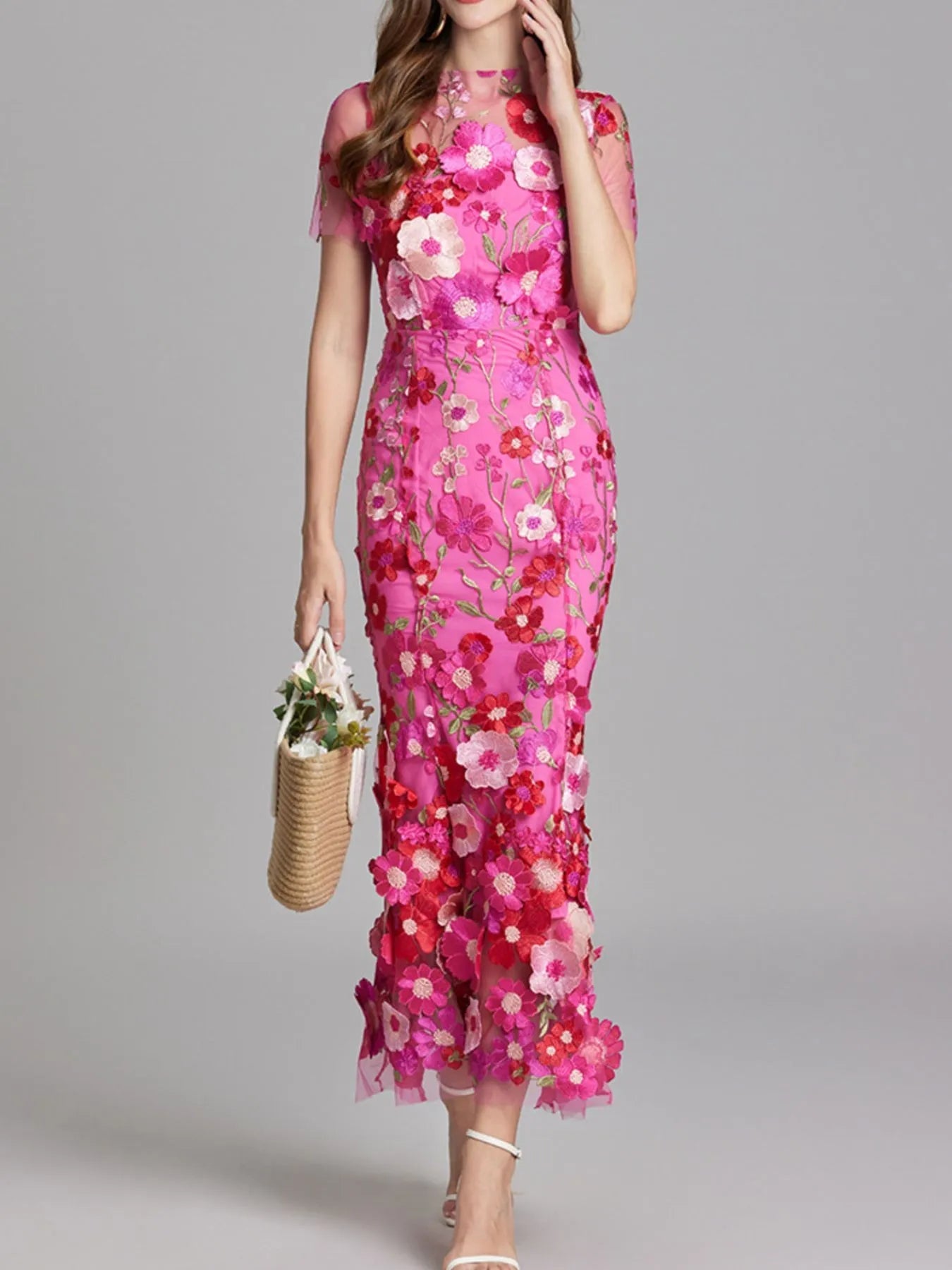 Floral Embroidered Mesh Overlay Maxi Dress 