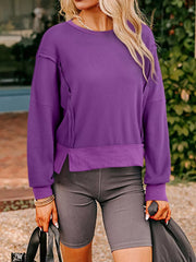 Solid Color Raw Seam Patchwork Ribbed Drop Shoulder Sweatshirt 