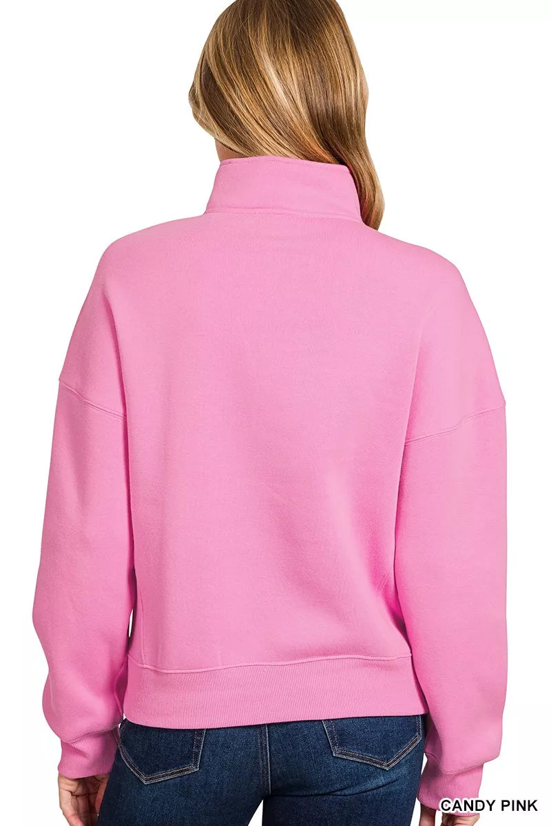 Zenana Fleece High Neck Half Zip Sweatshirt 