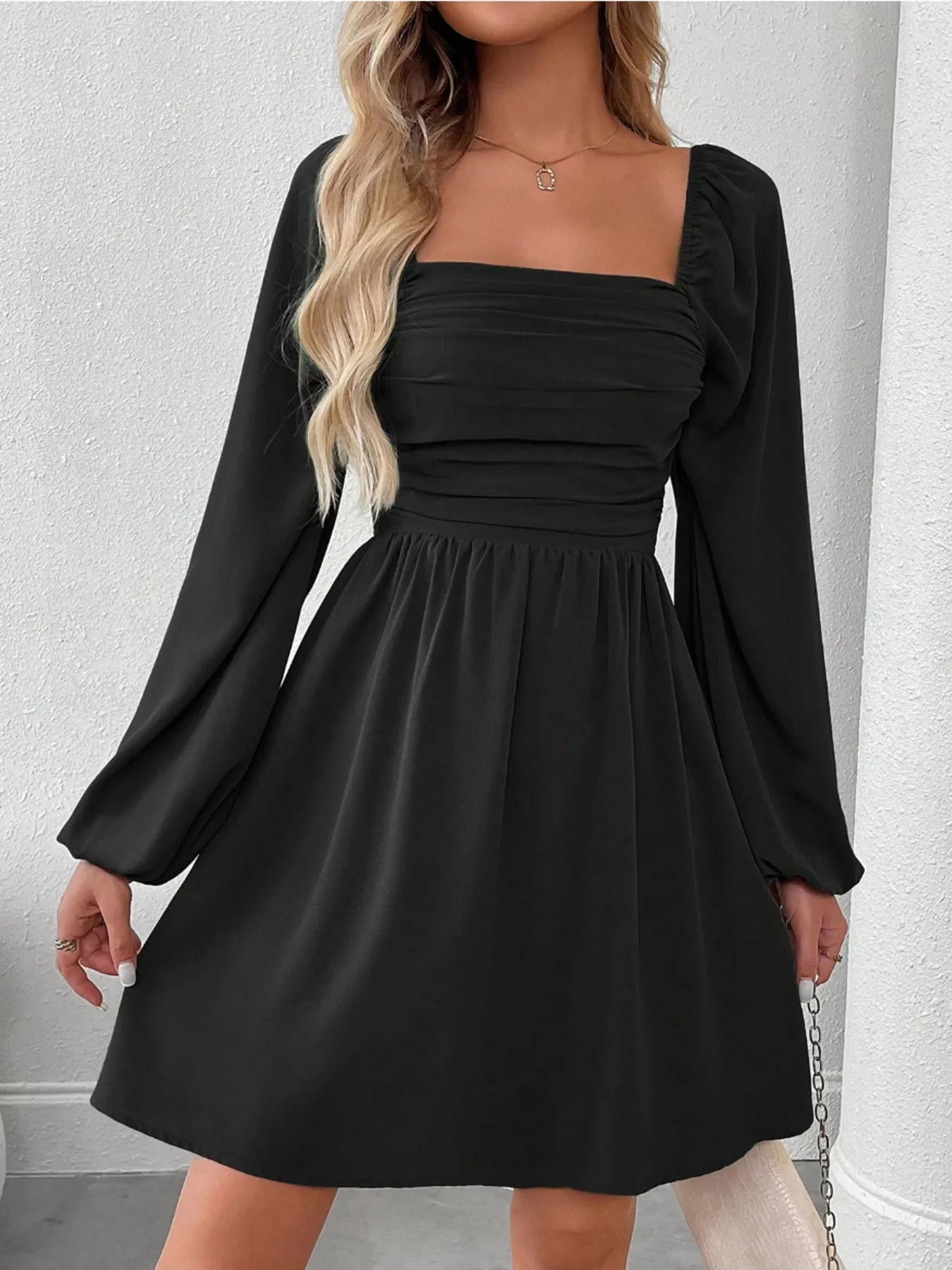 Ruched Square Neck Long Sleeve A-Line Dress 