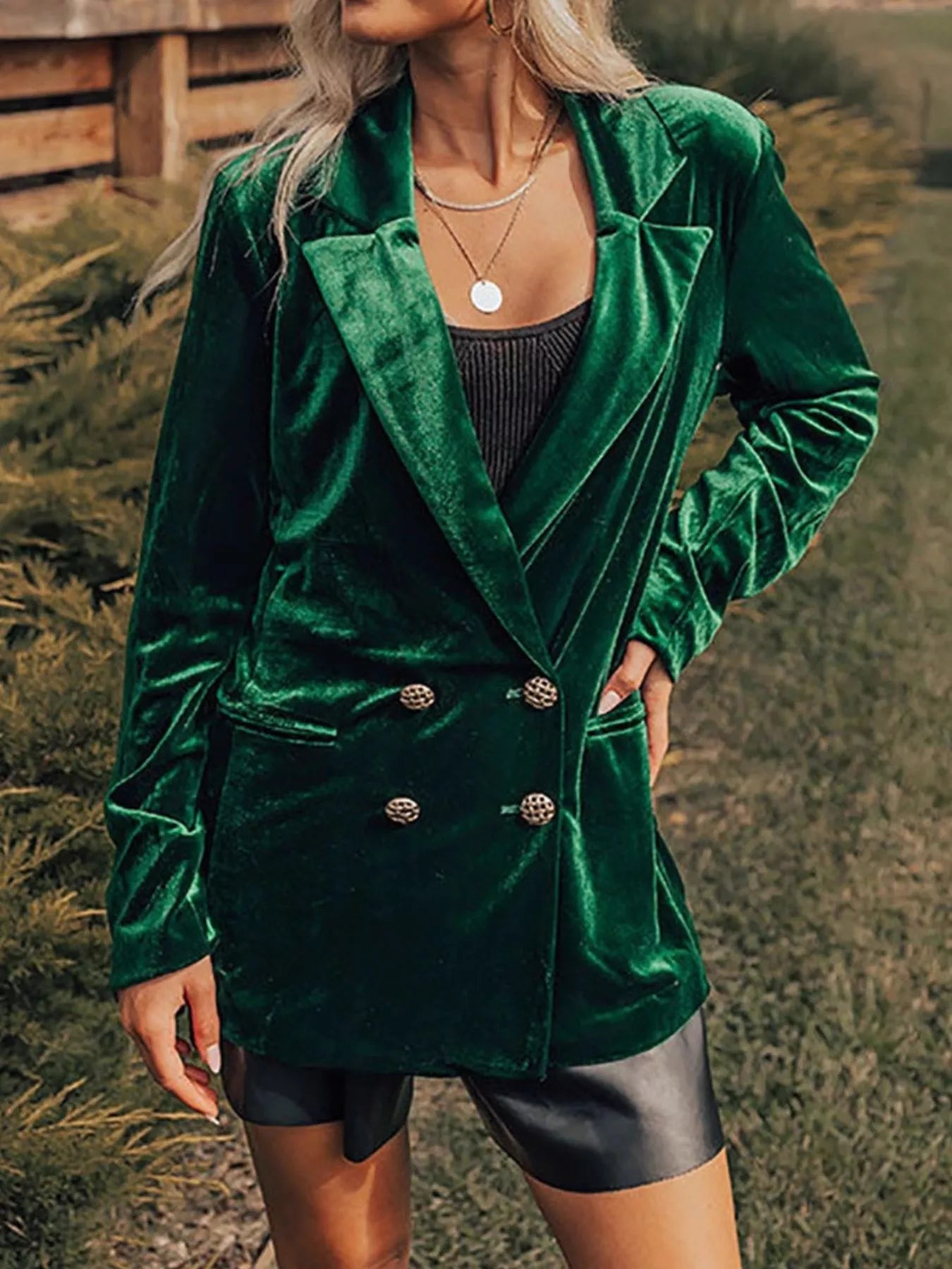 Velvet Lapel Collar Button Up Blazer 