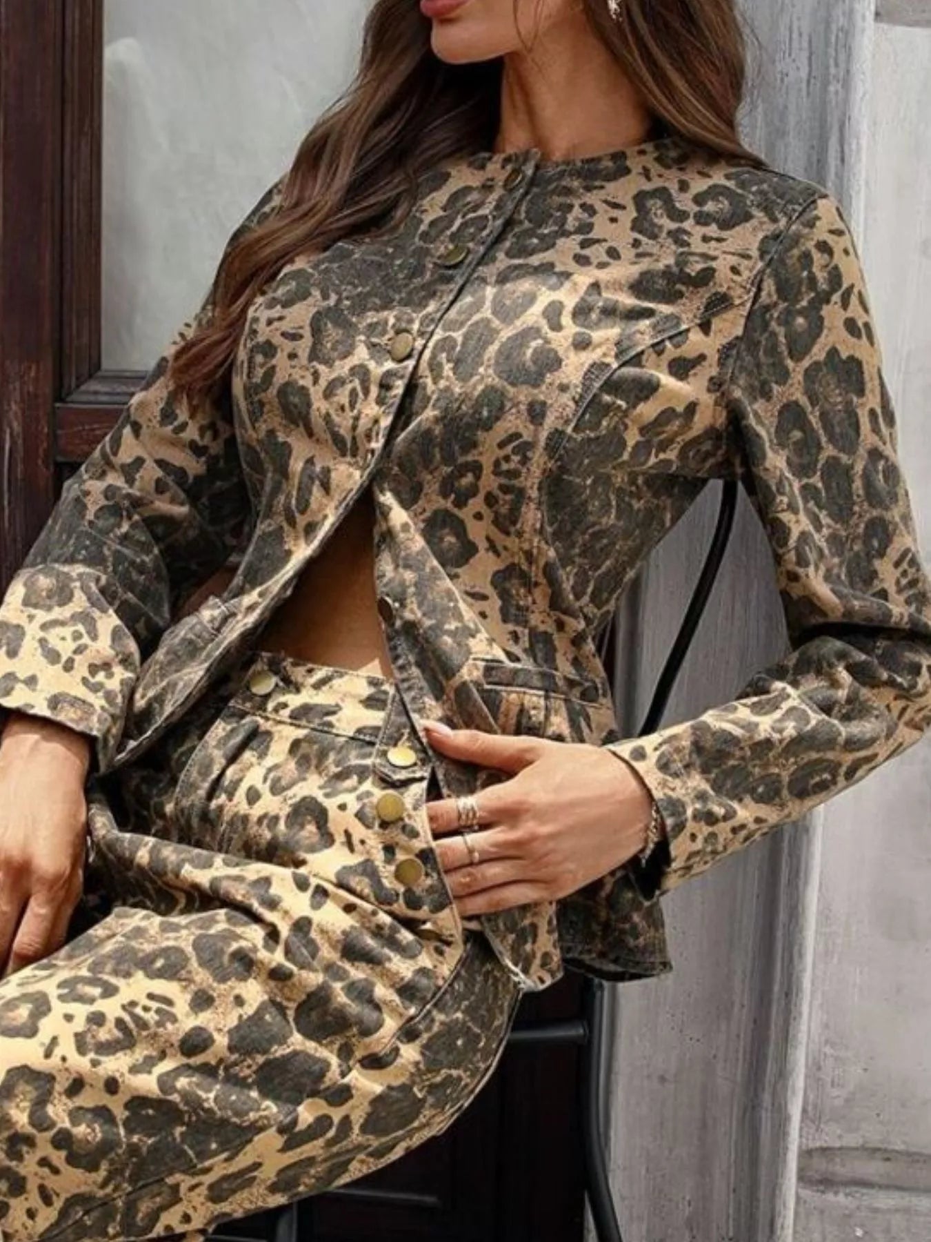 Leopard Button Up Long Sleeve Denim Shirt 