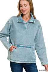 Zenana Fleece Washed High Neck Kangaroo Pocket Sweatshirt 