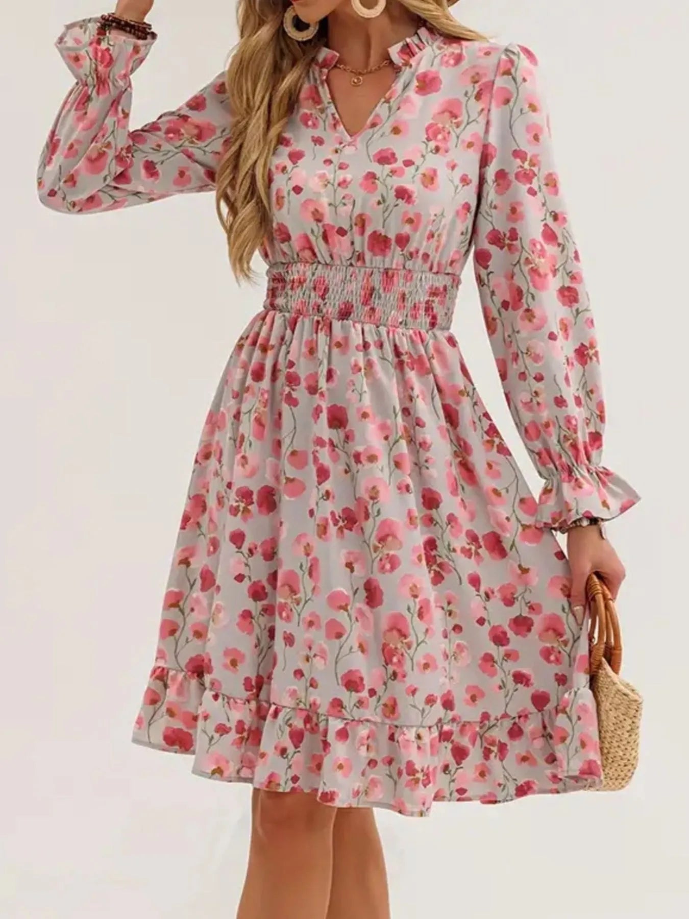 Floral Print Flounce Sleeve Ruffle Hem Dress 