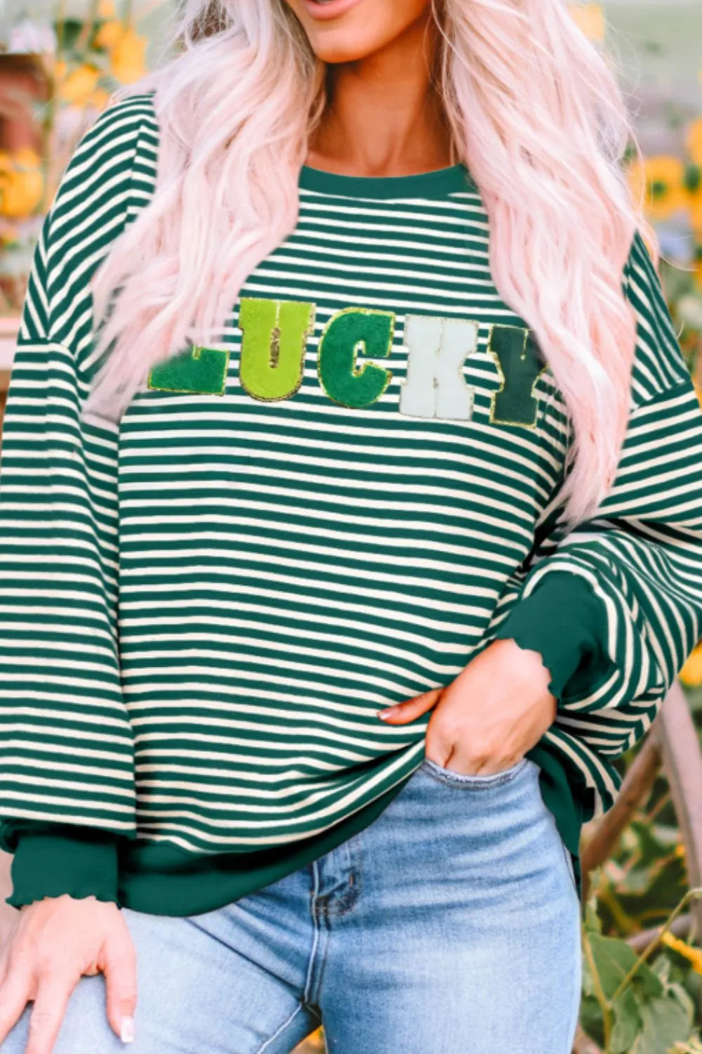 LUCKY Striped Round Neck Long Sleeve Sweatshirt 