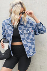 Checkered Button Up Long Sleeve Denim Jacket 