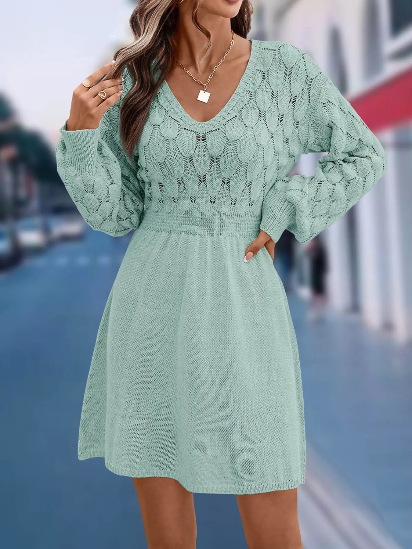 V-Neck Long Sleeve Sweater Dress 