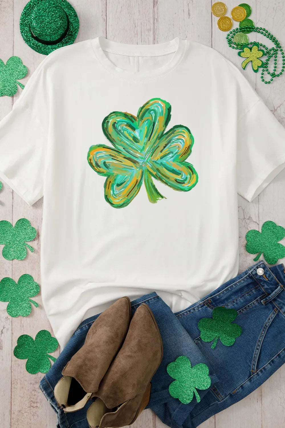 Lucky Clover Round Neck Short Sleeve T-Shirt 