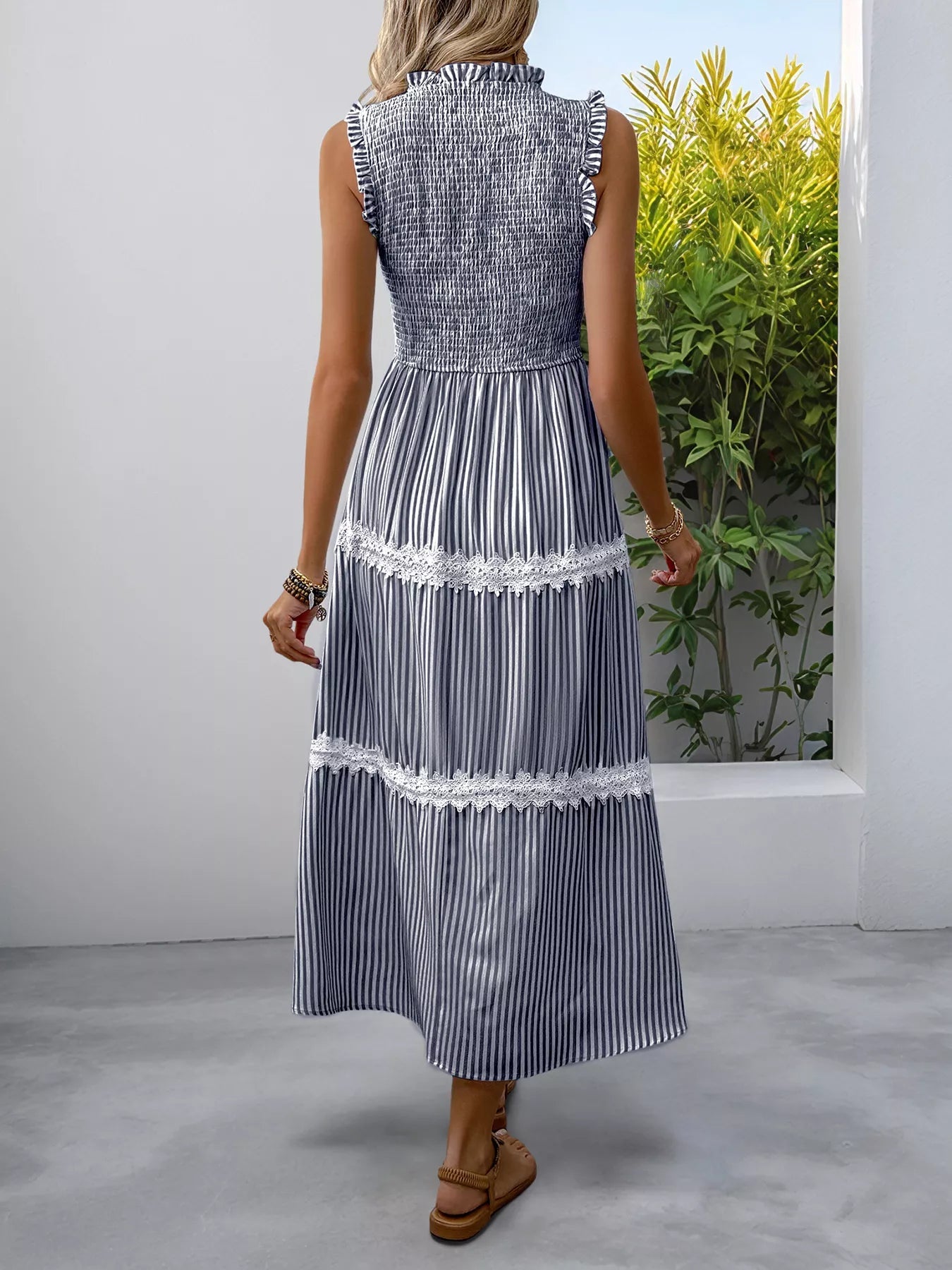 Smocked Striped Lace Trim Sleeveless Midi Dress 
