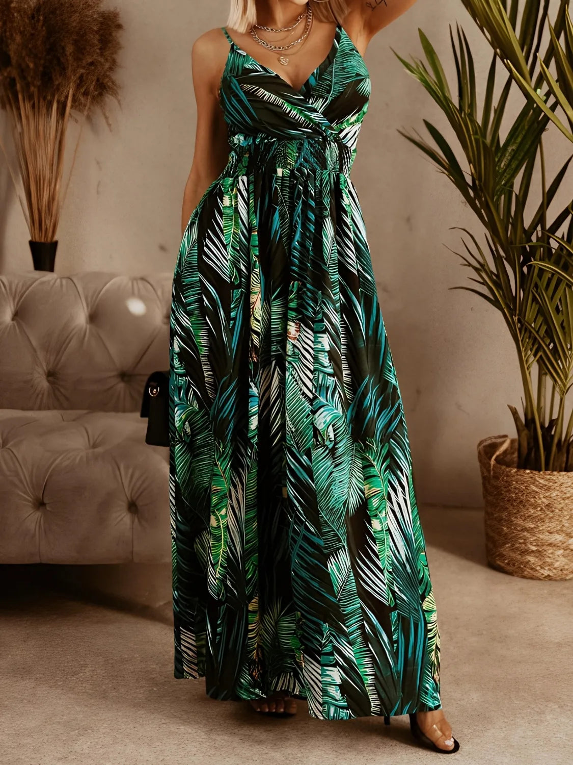 Smocked Printed Surplice Maxi Cami Dress 