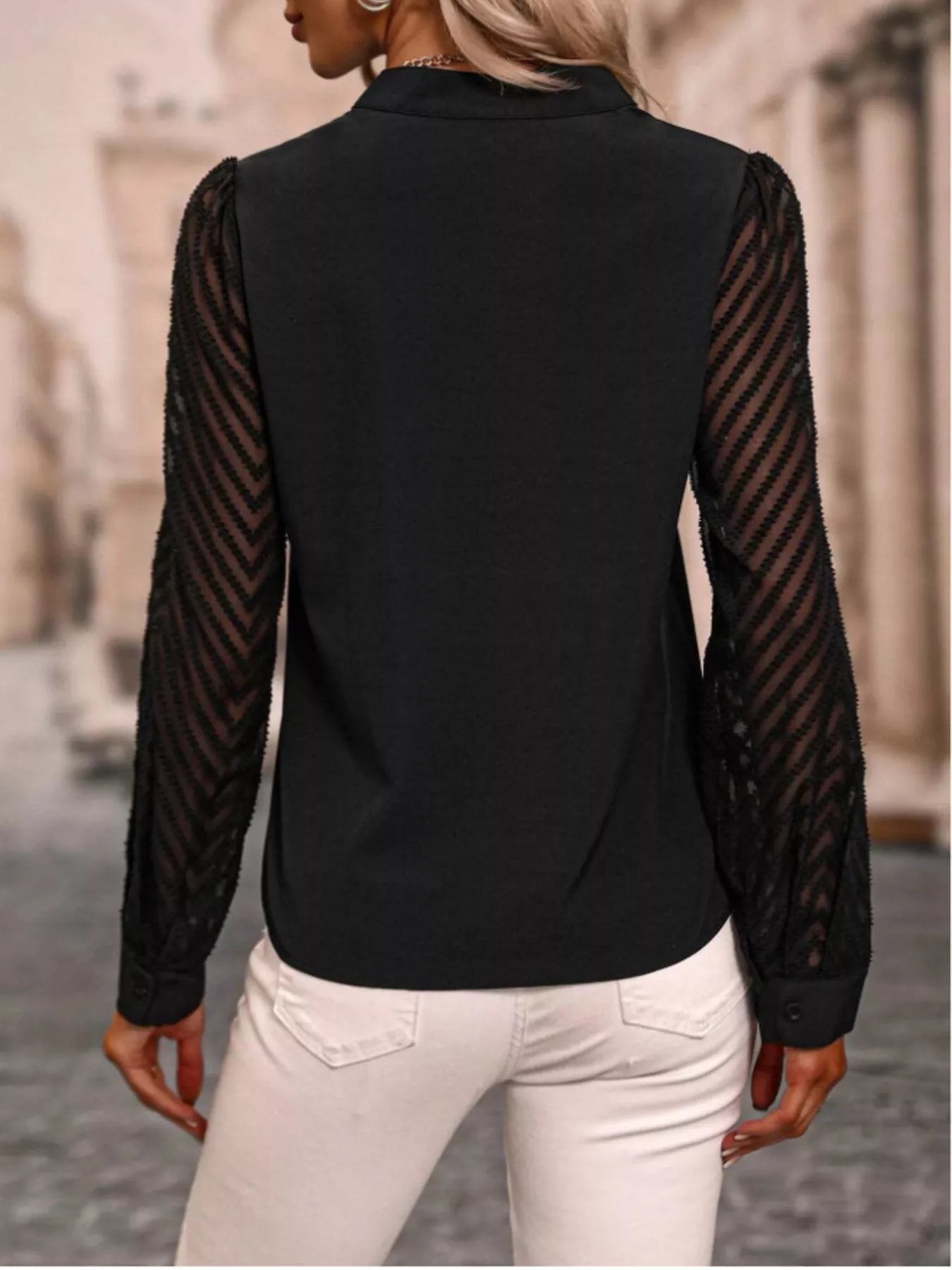Notched Long Sleeve Blouse 