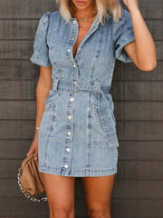 Button-Up Puff Sleeve Denim Shirt Dress 
