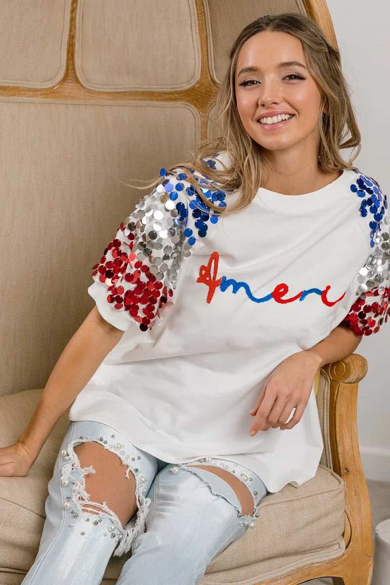 BiBi America Letter Applique Spangle Puff Sleeves Top 