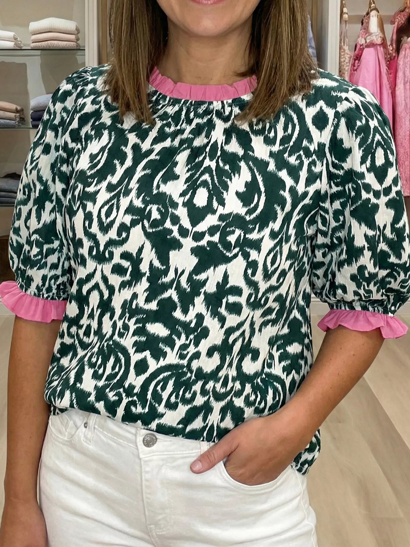 Damask Print Ruffled Color Block Detail Half Sleeve Blouse 