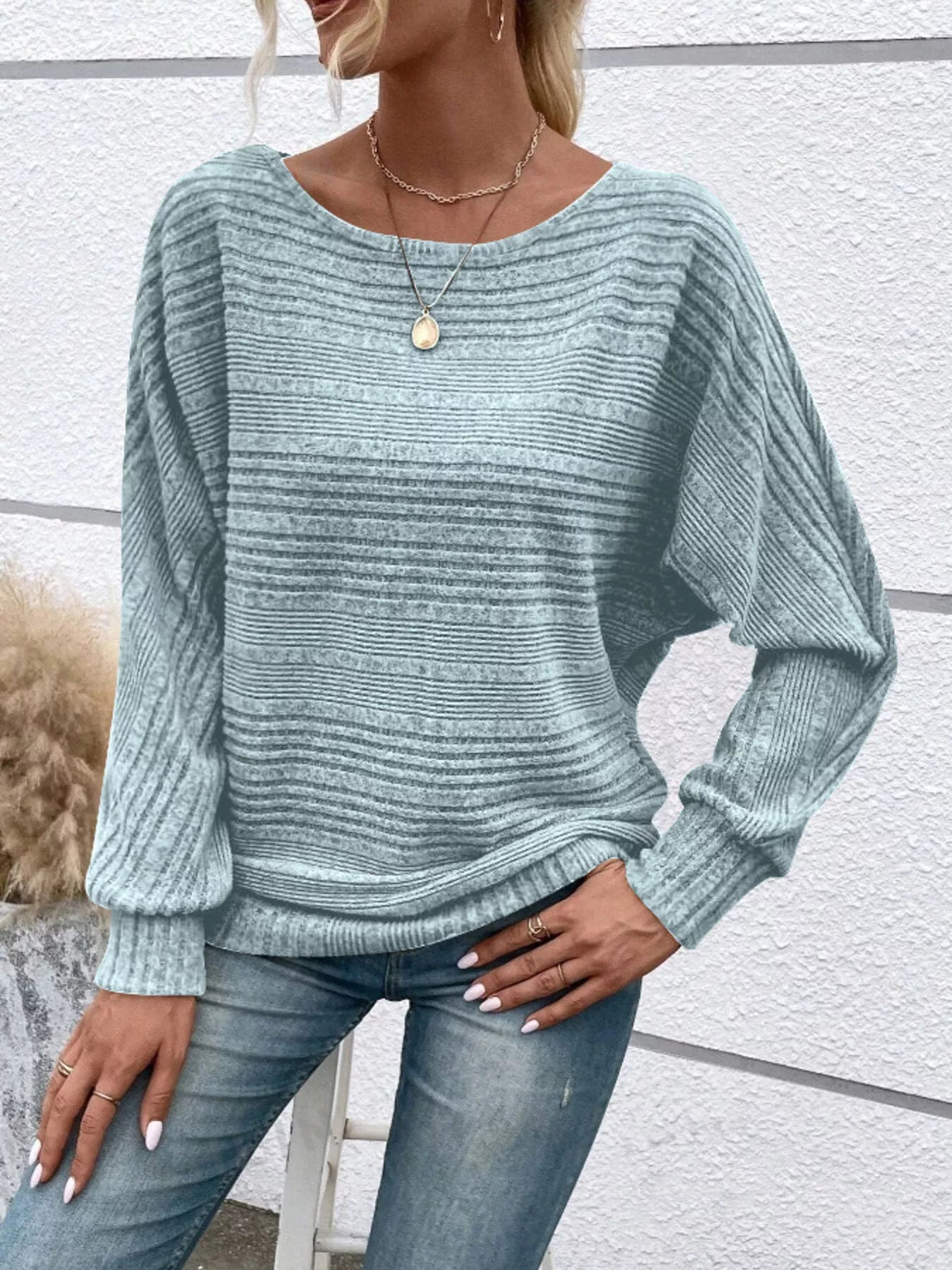 Ribbed Round Neck Long Sleeve Top 