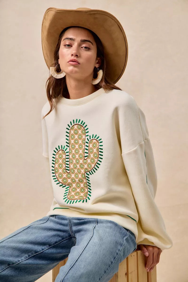 BiBi Cactus Embroidered Fleece Sweatshirt 