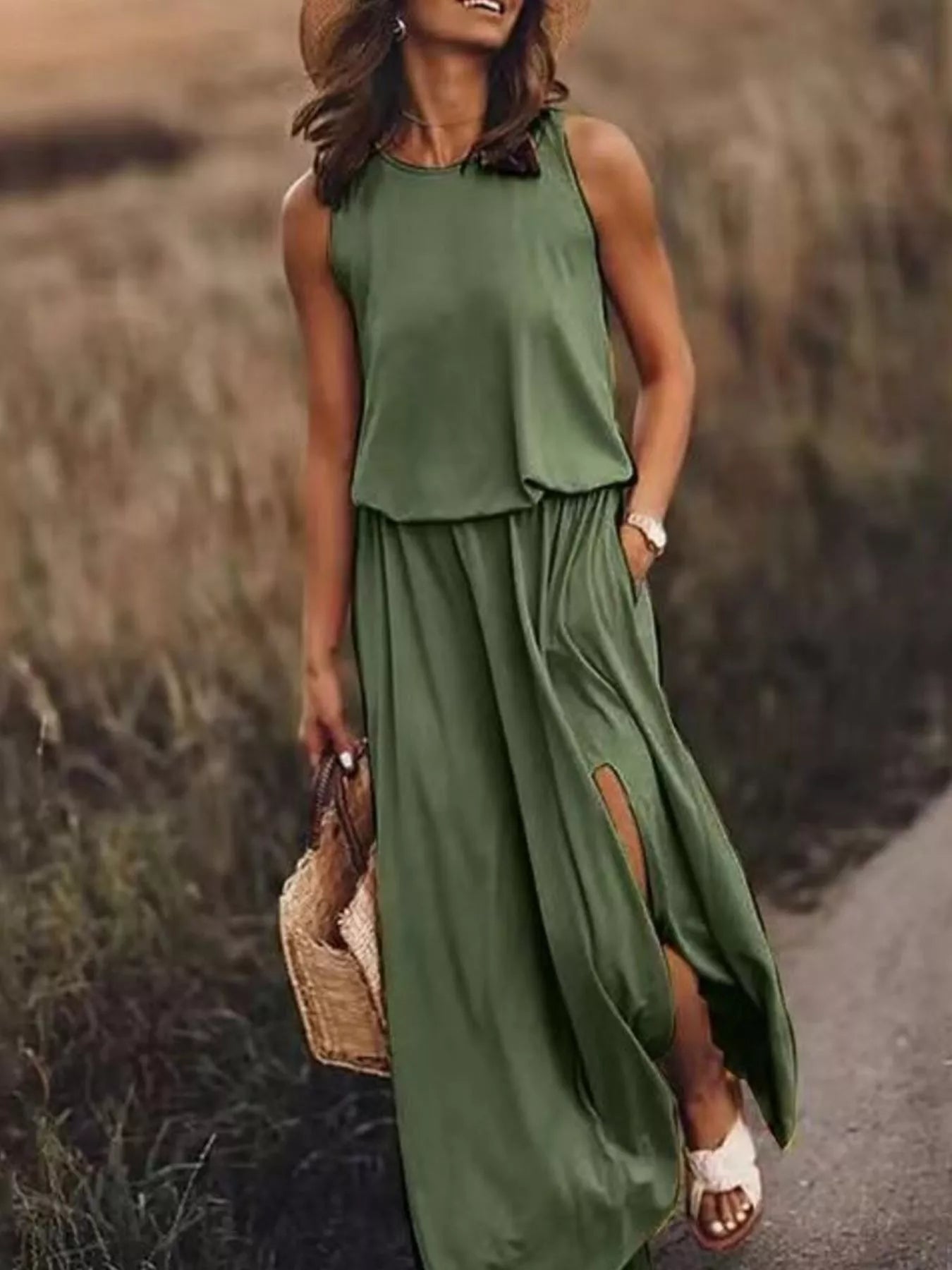 Full Size Round Neck Sleeveless Slit Maxi Dress Plus Size 