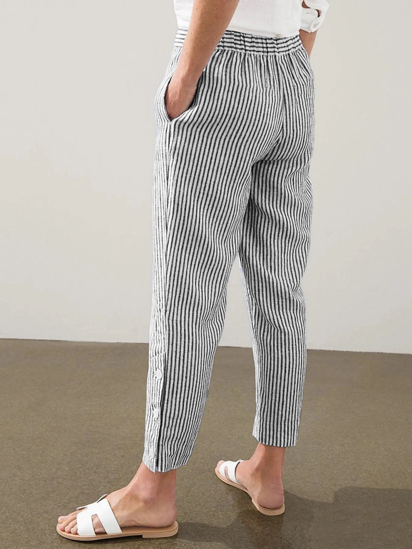 Full Size Striped Side Button Detail Pants Plus Size 