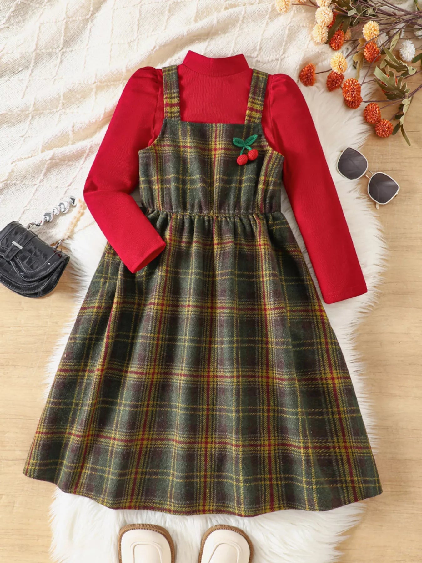 Children's Long Sleeve Top and Plaid Dress Set 