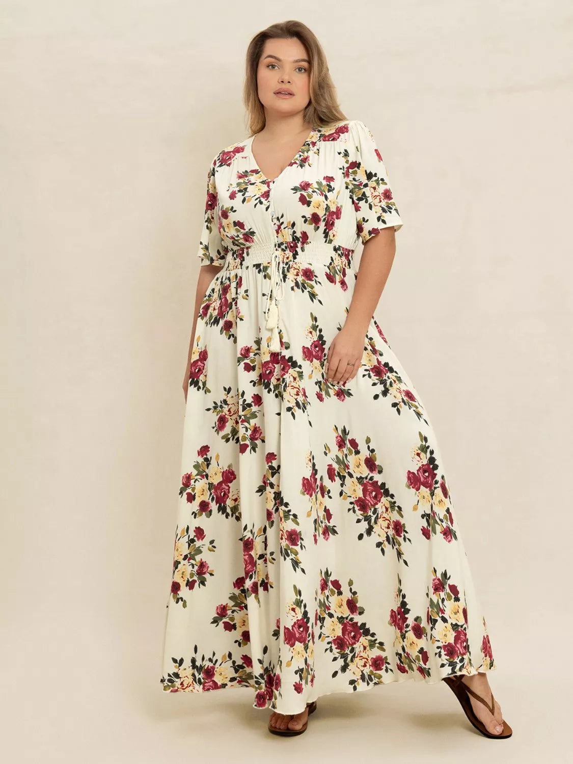 Plus Size Floral Flutter Sleeve Maxi Dress with Button Front 
