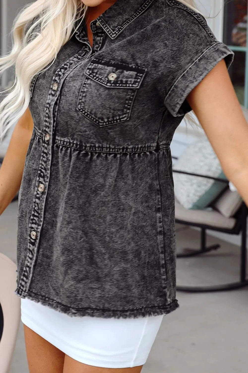 Short Sleeve Flap Pocket Button Up Raw Hem Denim Shirt 