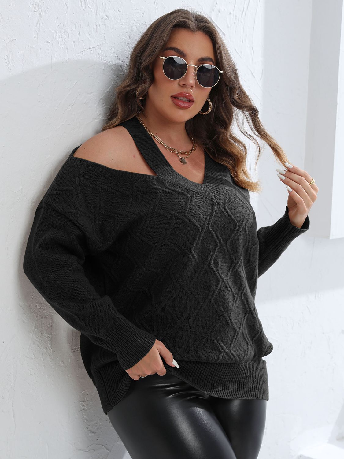 Plus Size Cutout V-Neck Sweater 