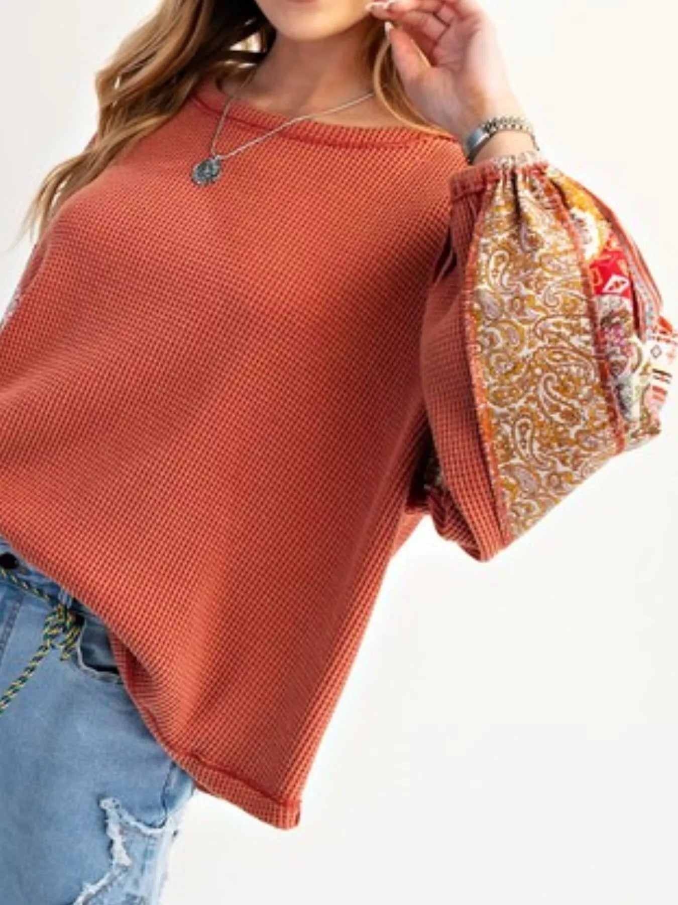 Waffle Knit Round Neck Dropped Shoulder Sweatshirt 