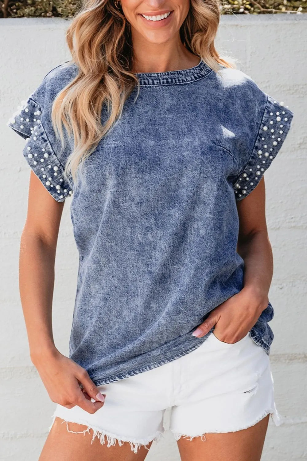 Pearl Trim Round Neck Cap Sleeve Denim Top 