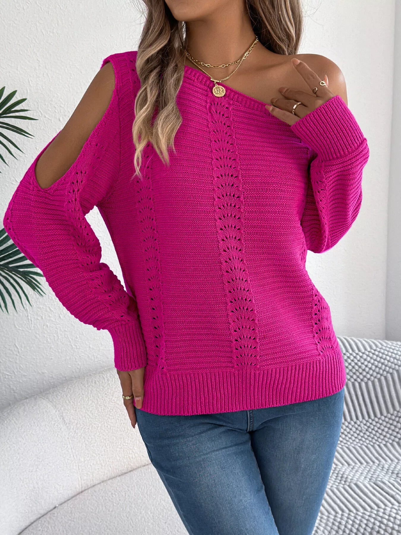 Openwork One Shoulder Cutout Long Sleeve Sweater 