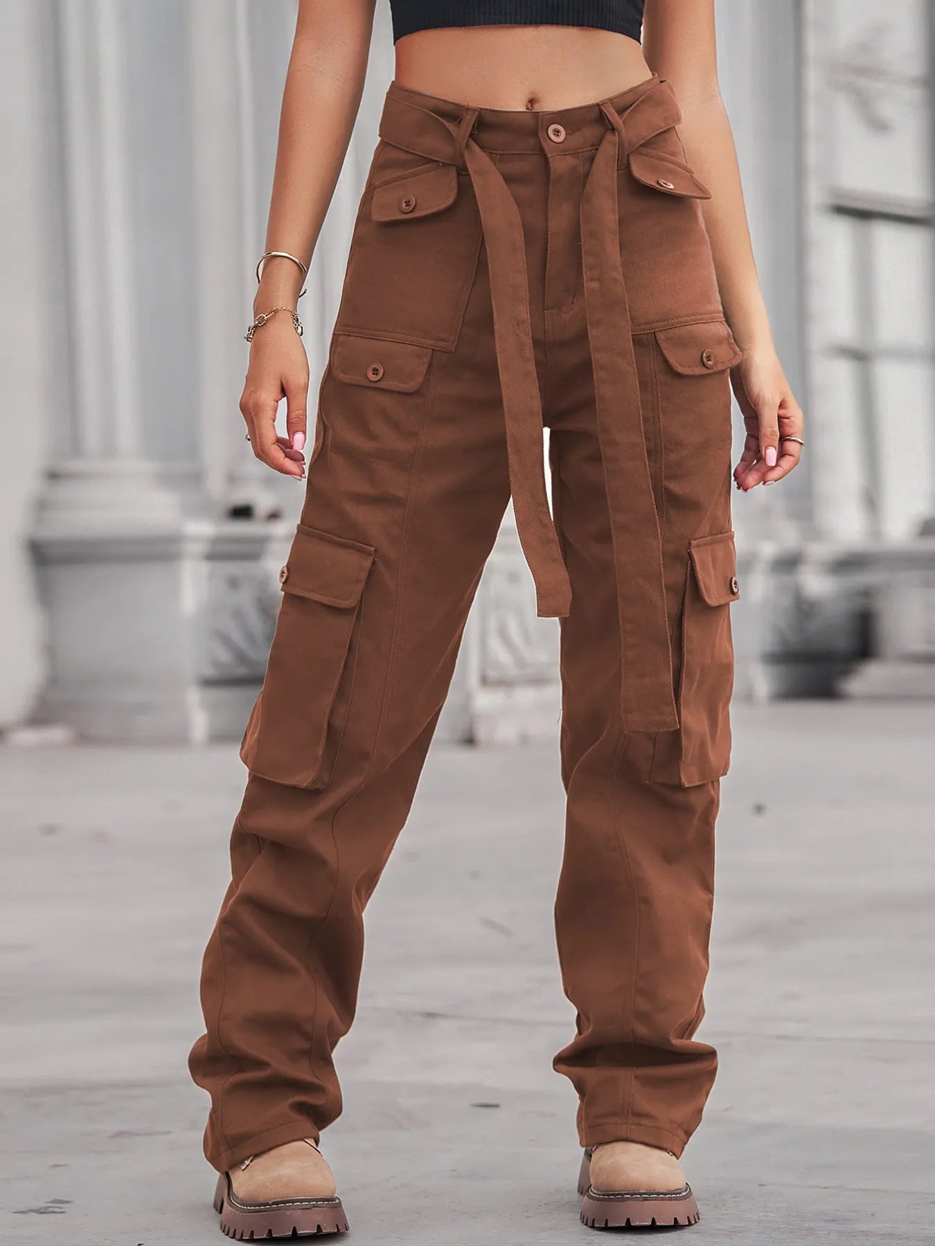 High-Waisted Multi-Pocket Cargo Jeans 