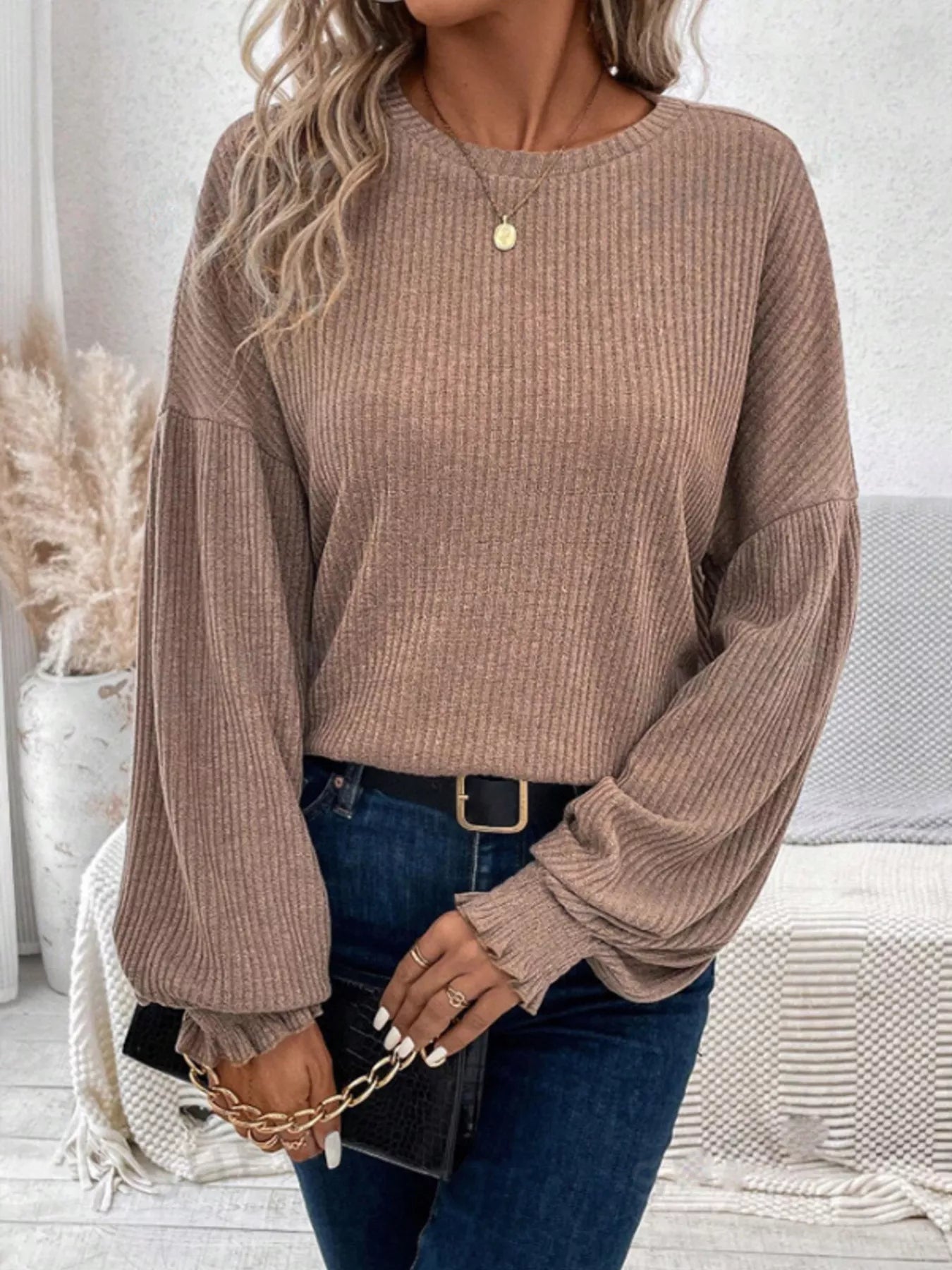 Ribbed Knit Long Sleeve T-Shirt 