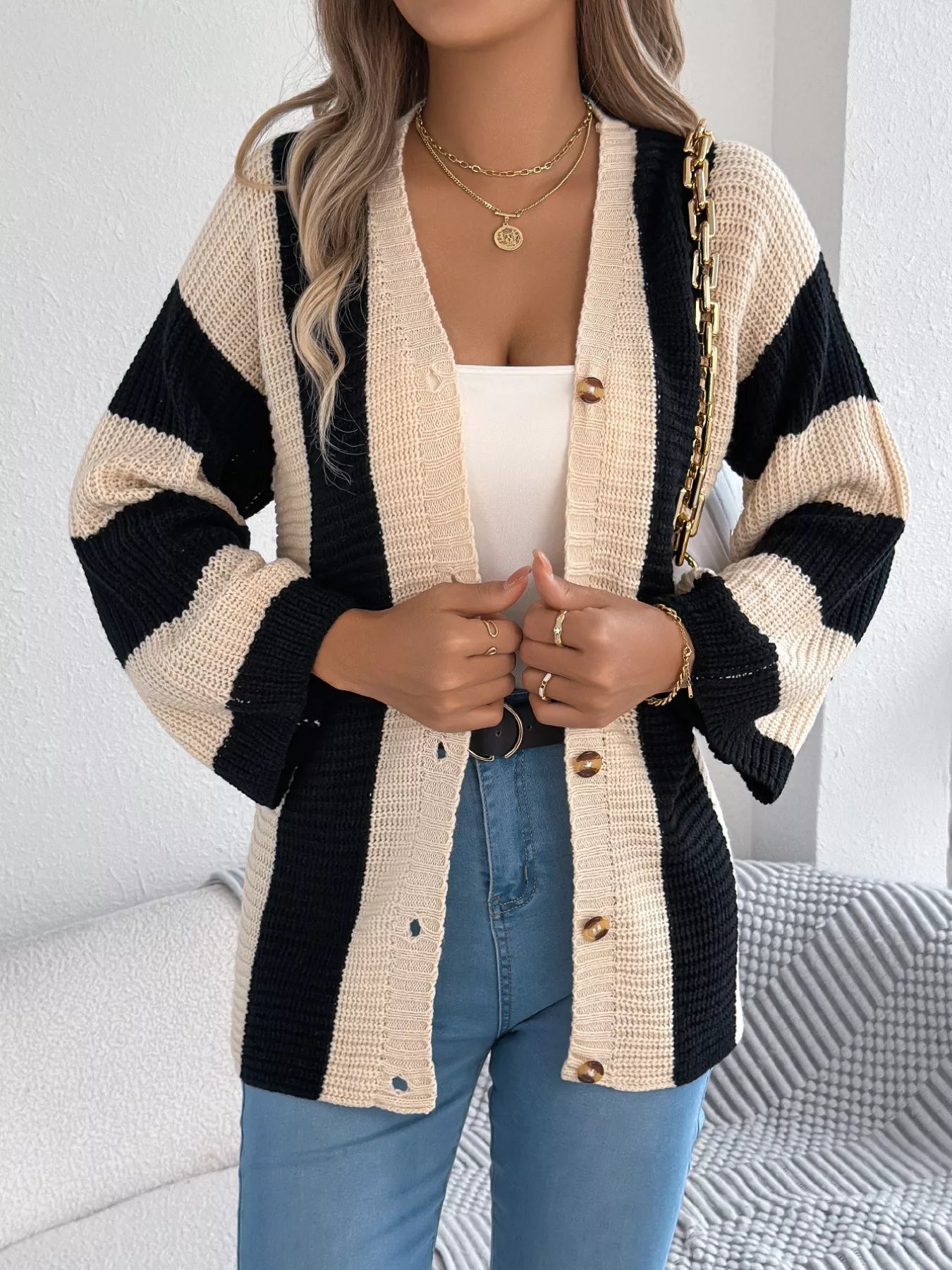 Color Block Button-Up Cardigan 