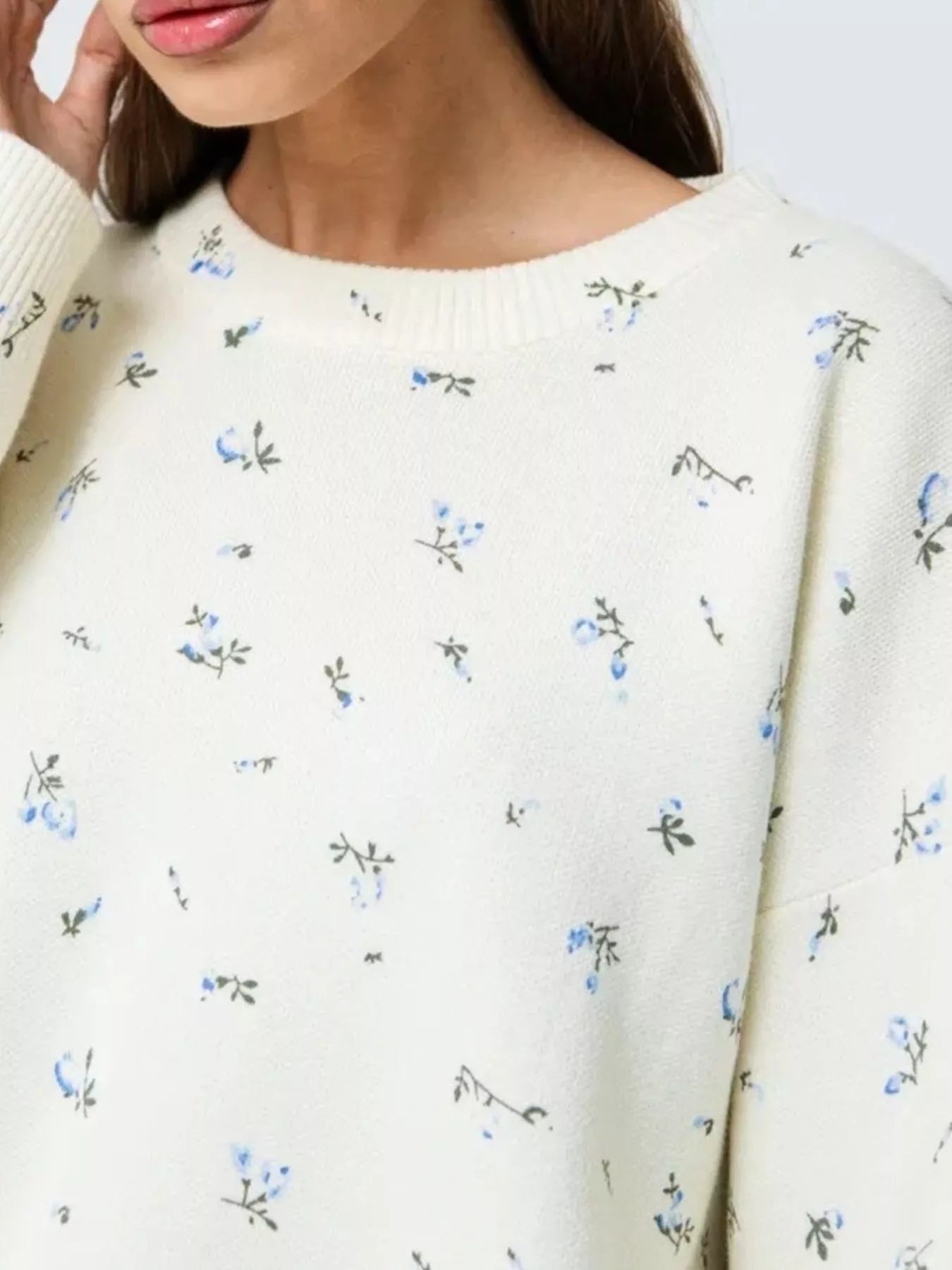 Ribbed Hem Floral Long Sleeve Sweater 