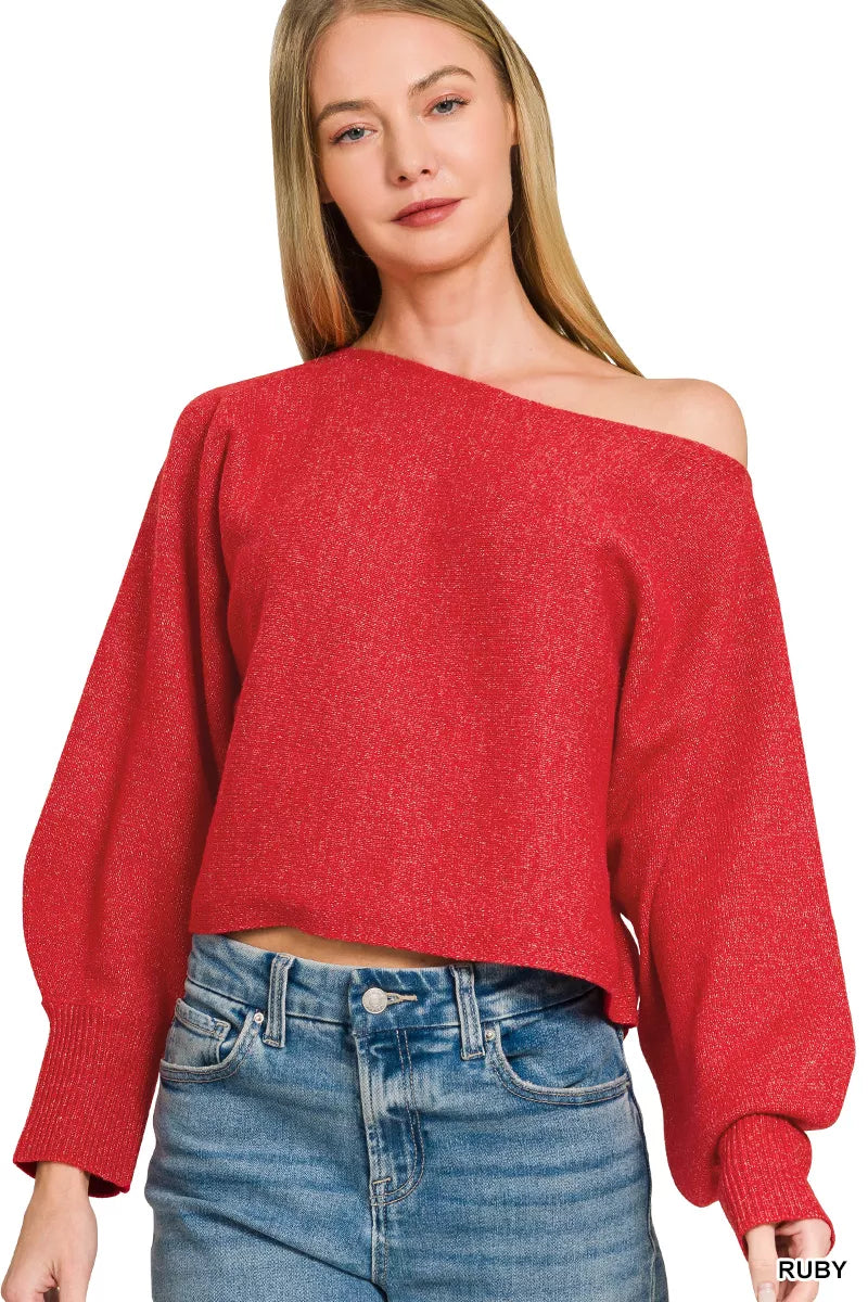 Zenana Boat Neck Balloon Sleeve Sweater 