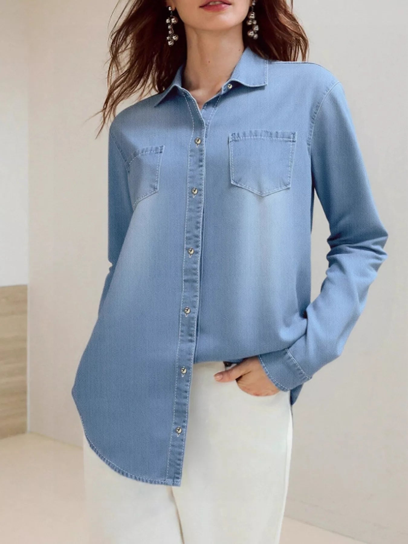 Full Size Button-Up Long Sleeve Denim Shirt Plus Size 