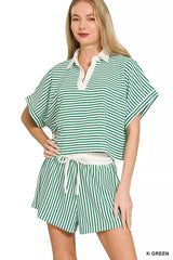 Zenana Striped Collared Top & Shorts Set 