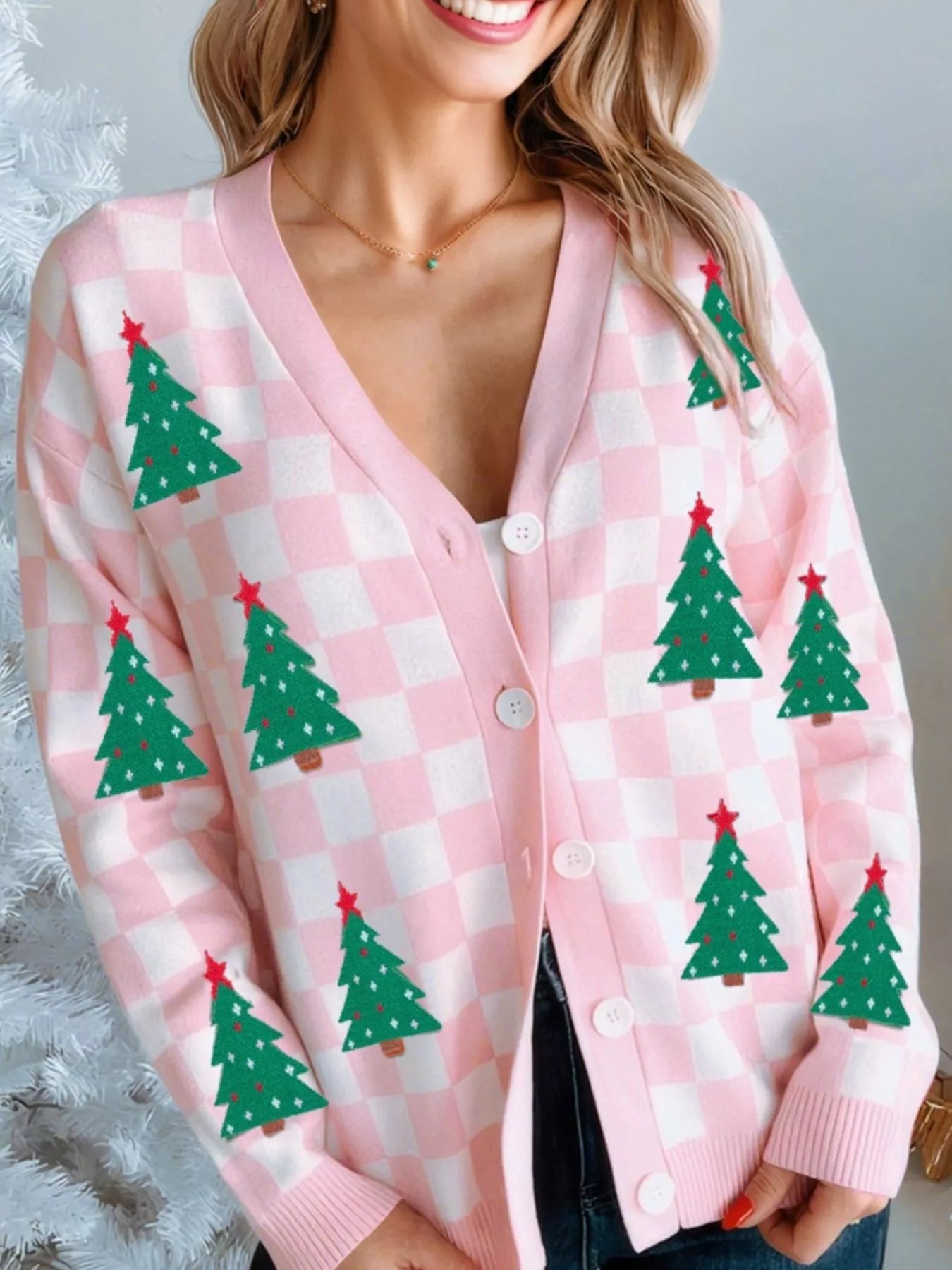 Christmas Tree Pattern Checkered Button V Neck Cardigan 