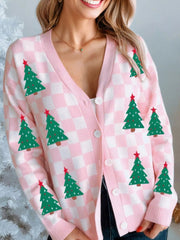 Christmas Tree Pattern Checkered Button V Neck Cardigan 