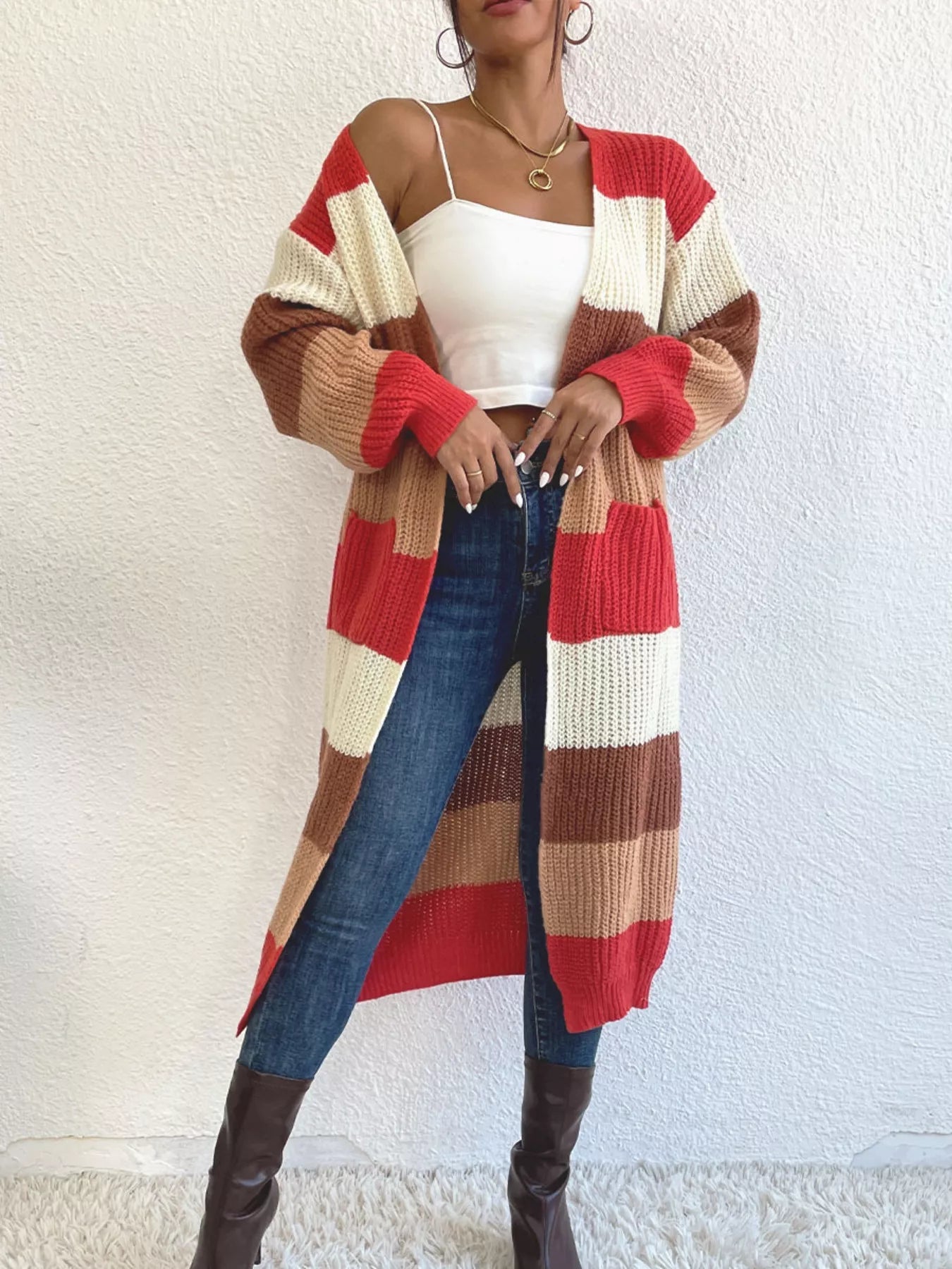 Striped Color Block Open Front Knit Cardigan 