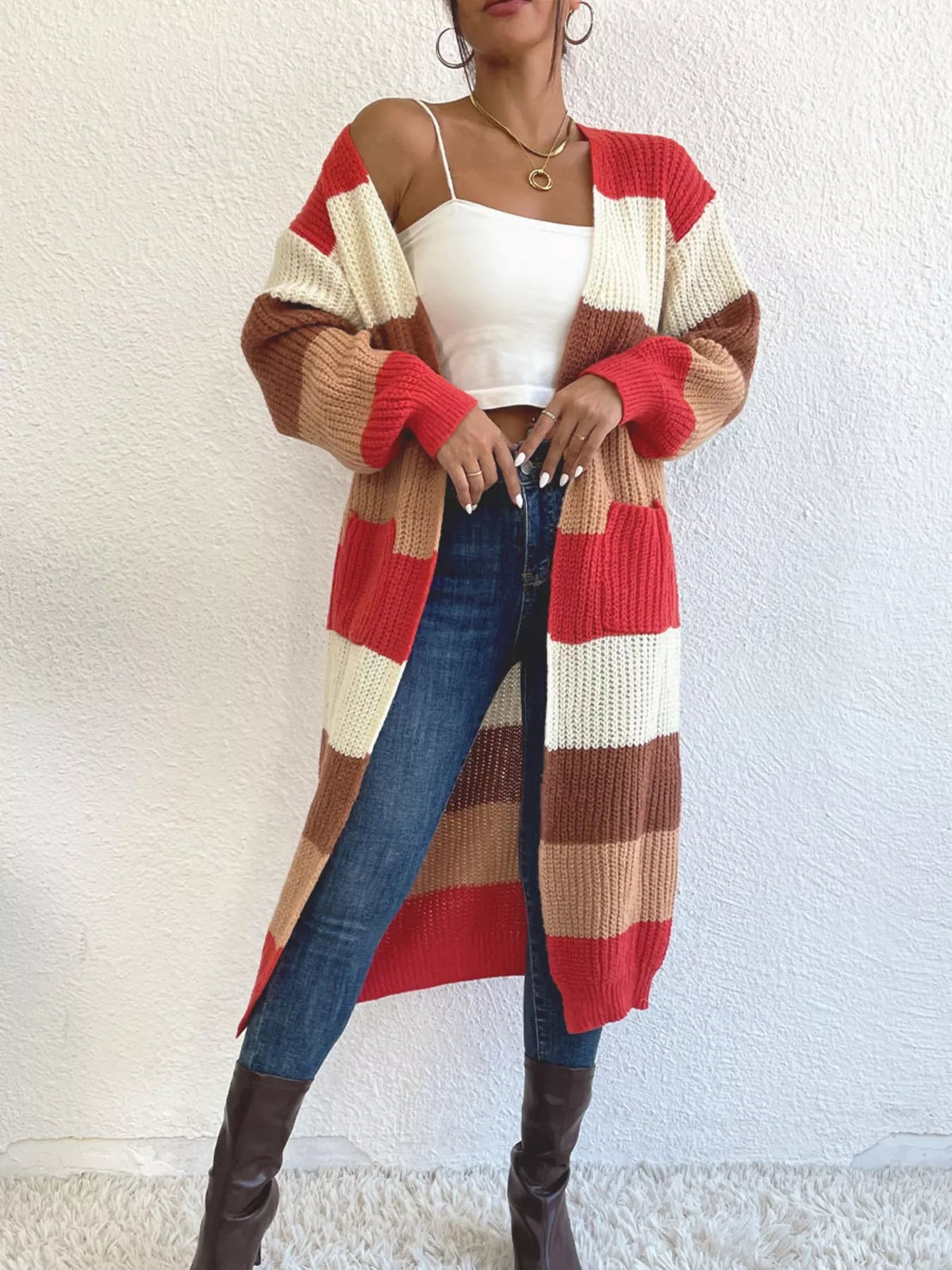 Striped Color Block Open Front Knit Cardigan 