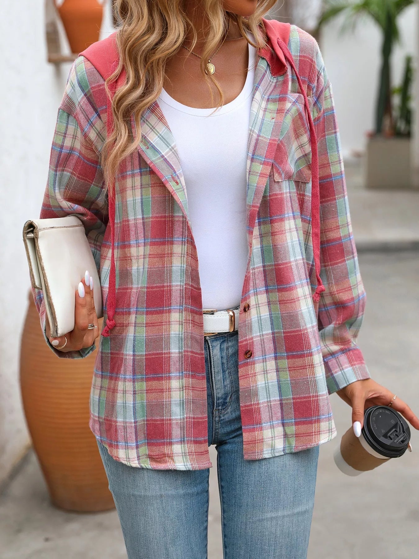 Plaid Button-Up Hooded Shirt with Chest Pocket 
