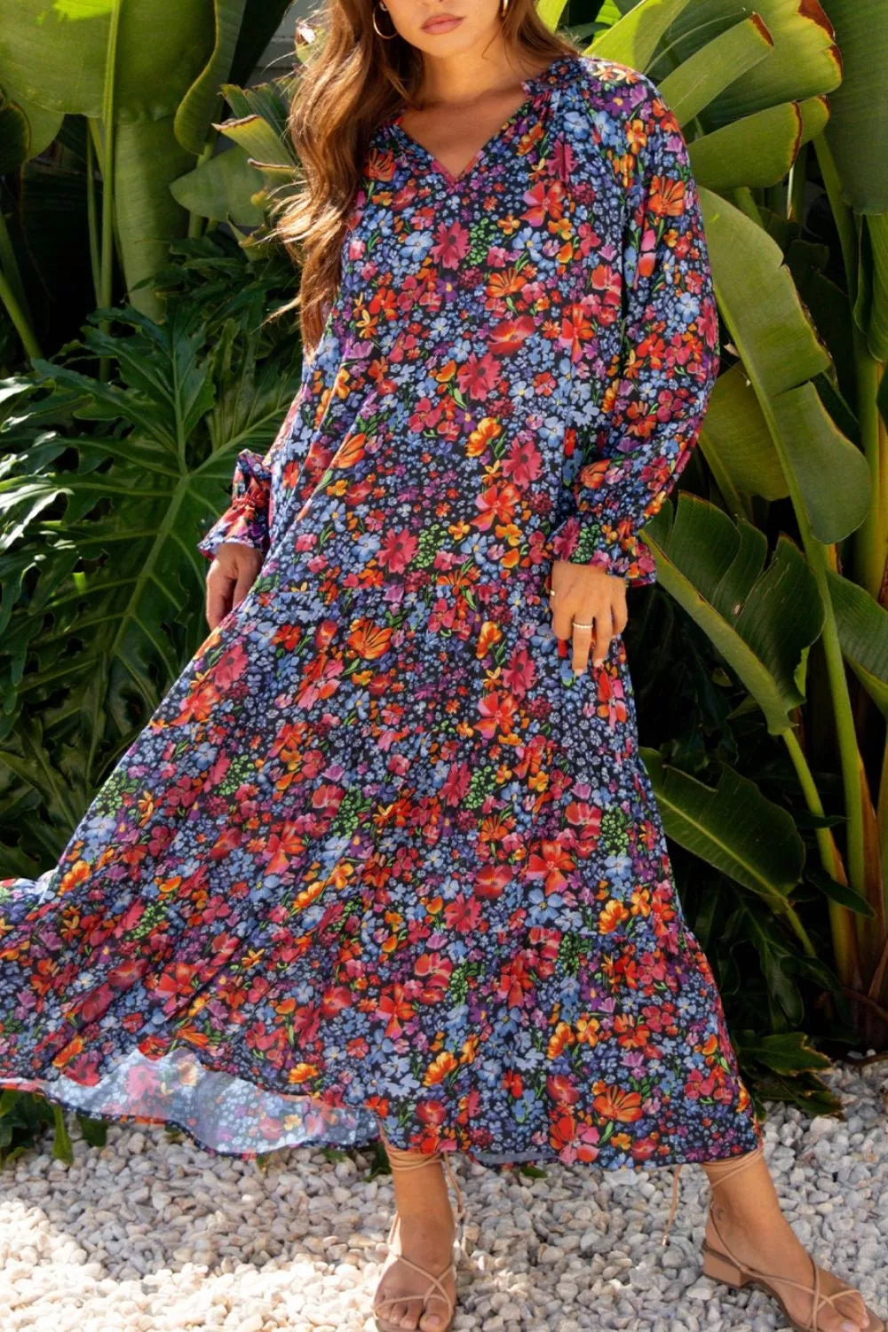 Floral Notched Flounce Sleeve Maxi Dress 