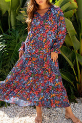 Floral Notched Flounce Sleeve Maxi Dress 