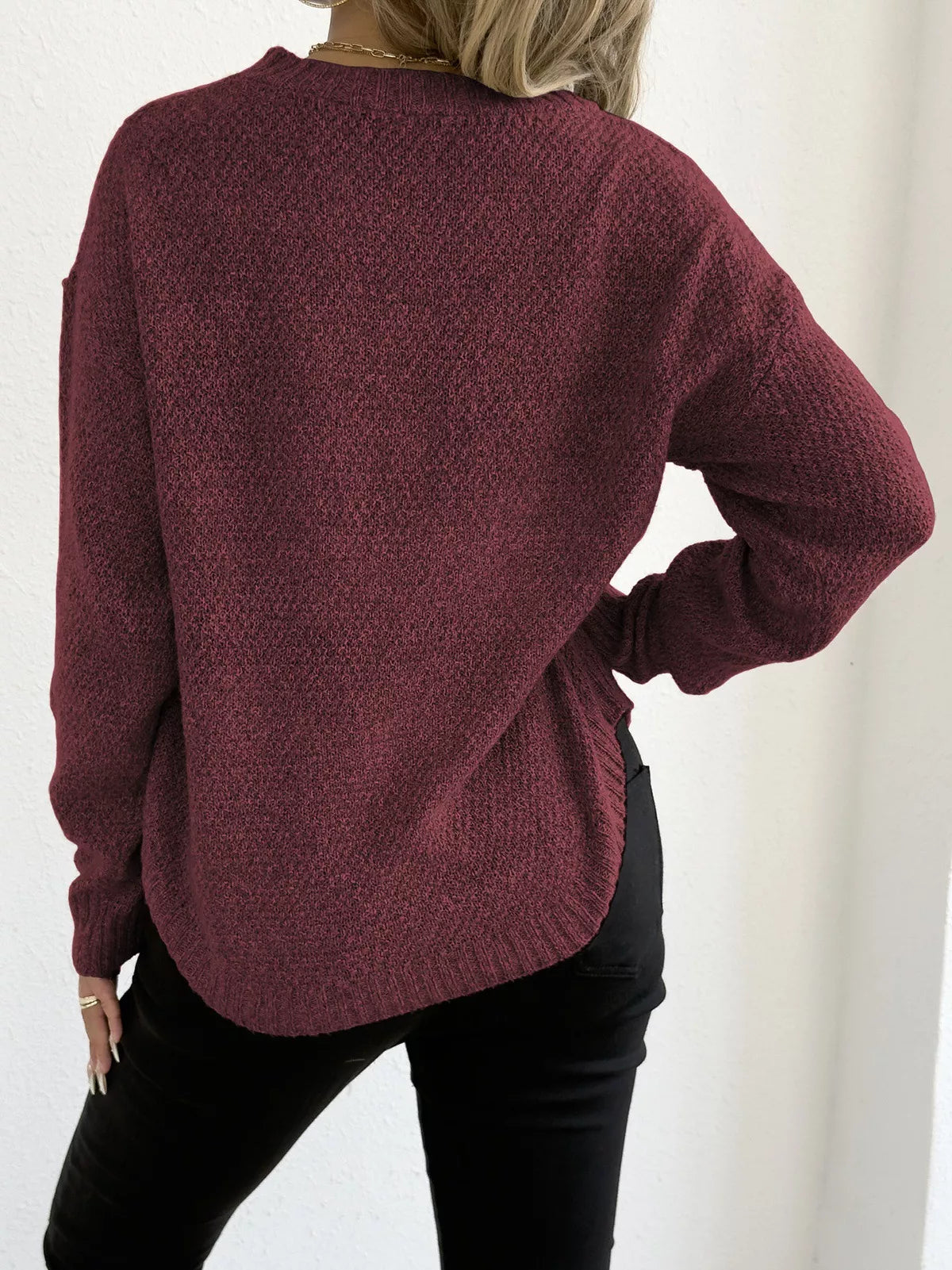 Textured Knit Relaxed Fit Round Neck Sweater 